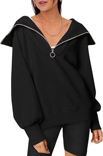 Sweatshirt Damen ohne Kapuze Warm Schwarz Sweat Pullover mit Reißverschlusskragen Sweatpullover Langes Ballon Ärmel S von Ranphee