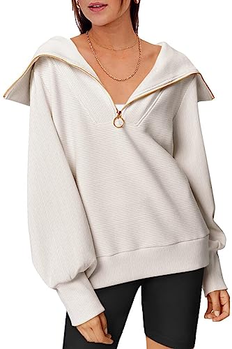 Sweatshirt Damen ohne Kapuze Warm Weiß Sweat Pullover mit Reißverschlusskragen Sweatpullover Langes Ballon Ärmel M von Ranphee