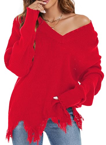 Pullover Damen Strickpullover V-Ausschnitt Elegant Damenpullover Langarm Zerstörte Saum Pulli Winter Sale Grobstrickpullover Warm Casual Gestrickt Sweats Rot L von Ranphee