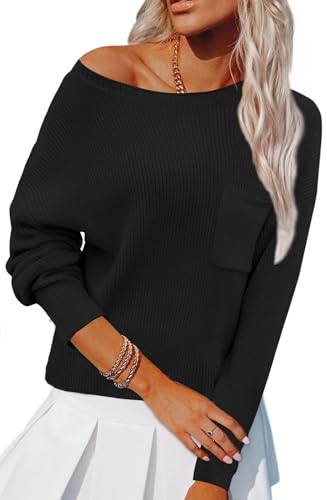 Pullover Schwarz Damen Herbst Elegant Outfit 2024 Strick Kuschelpullover Rundhalsausschnitt Fledermaus Langarm Leichter Dünne Frauen Pulli mit Tasche von Ranphee