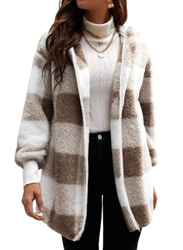Ranphee Karierte Teddy Mantel Damen Lang Fleecejacken Kuscheljacke Flauschig Warme Leichte Kuschel Jacke mit Kapuze von Ranphee