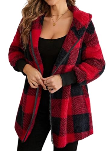Ranphee Karierte Teddyjacke Damen Winter Warme Sherpa Fleece Teddy Jacke mit Kapuze Oversize Lightweight Teddymantel von Ranphee