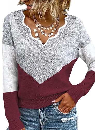 Ranphee Pulli Damen Herbst Burgunderroter Moderne Winterpullover Warm Dicke Damenpullover Langarm Vintage Basic Women's Knit Sweater von Ranphee