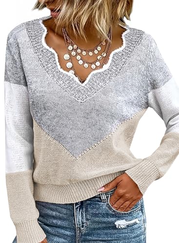 Ranphee Pullover Damen Herbst Elegant 2024 Beiger Strick Kuschelpullover V Ausschnitt Langarm Leichter Dünne Frauen Pulli von Ranphee