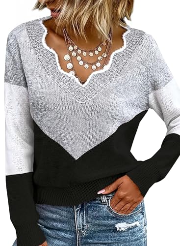 Ranphee Pullover Schwarz Damen Herbst Elegant 2024 Strick Kuschelpullover V Ausschnitt Langarm Leichter Dünne Frauen Pulli von Ranphee