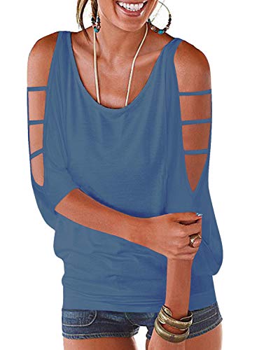 Ranphee T Shirt Kurzarm Frau Sommer Fledermausärmel Chic Bluse Kalt Bluse Baumwolle Weit Top Blau-Grau L von Ranphee
