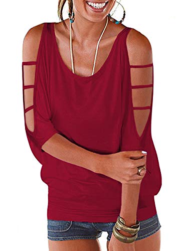 Ranphee T Shirt Kurzarm Frau Sommer Fledermausärmel Chic Bluse Kalt Bluse Baumwolle Weit Top Burgundisch XL von Ranphee
