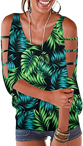 Ranphee T Shirt Kurzarm Frau Sommer Fledermausärmel Chic Bluse Kalt Bluse Baumwolle Weit Top Grüne Blätter S von Ranphee