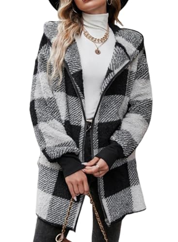 Ranphee Teddy Fleecejacke Damen mit Kapuze Warme Karierte Teddyfell Jacke 2025 Herbst Elegant Vintage Plüschmantel von Ranphee