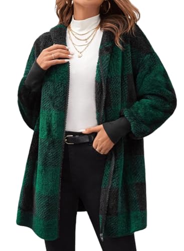 Ranphee Teddyfleece Jacke Damen Flauschige Kapuzenjacke Frauen Karo Dicke Warme Sherpa Hoodie Teddyjacke mit kapuze von Ranphee