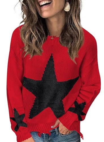 Rot Pulli Damen Herbst Lässig Rundhals Langarm Strick Pullover 2025 Mode Leichte Süß Stern Sweaters Dicke Warmer Knit Sweatshirts von Ranphee