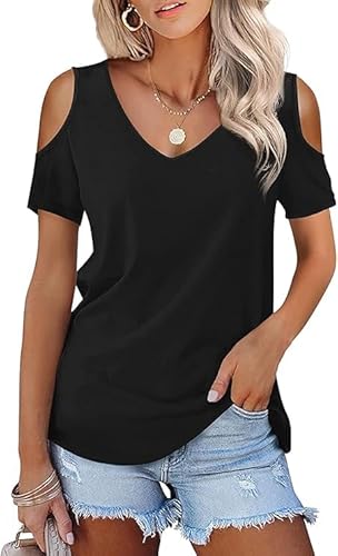 Schulterfreies Damen Oberteile Elegent Sommer Kleidung Schwarz Basic V Ausschnitt Schickes T-Shirt Baumwolle Locker Tunika Cute Tops Modische Frühling Lässige Tshirt von Ranphee