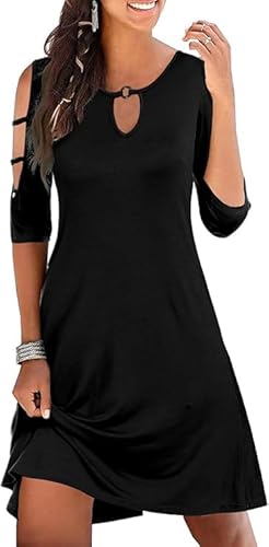 Schwarz Womens Sommer Kurzarm Kalte Schulter Plain Swing lässig T-Shirt Kleid Floral Beach Cover Up Kleider mit Taschen XL von Ranphee
