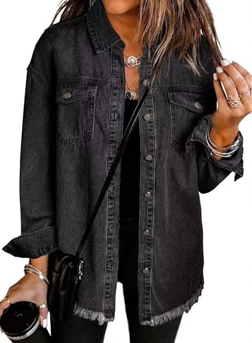 Schwarze Jacke Damen Herbst Elegant Jeanshemd Dünne Leichte Lässige Langarm Knopfjacke mit Fadensaum Herbstoutfits Jeansjacke Übergangsjacke von Ranphee