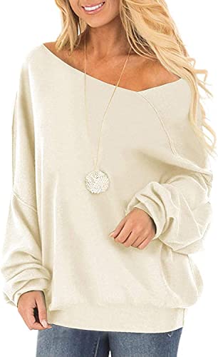 Beige Oberteile Damen Herbst Elegant Oversize Langarm Schulterfreie Fledermausärmel Sweatshirt Moderne Baumwoll Off Shoulder Pulli Pullover Frauen von Ranphee