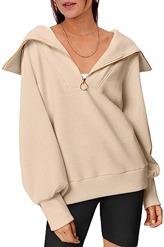 Sweatshirt Damen ohne Kapuze Warm Beige Sweat Pullover mit Reißverschlusskragen Sweatpullover Langes Ballon Ärmel M von Ranphee