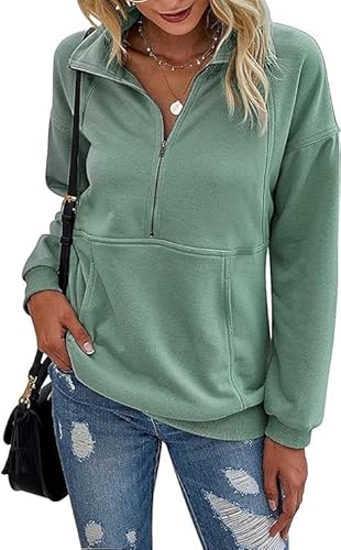 Sweatshirt Damen ohne Kepuze Grün Warm Baumwolle Sweatpullover Langarm Moderne Sweat Frauen Pullover mit Reißverschluss Oberteil S von Ranphee