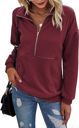 Sweatshirt Damen ohne Kapuze Weinrot Oversized Troyer Damenpullover Langarm Herbst Elegant Dicke Frauen Baumwolle Pullover mit Reissverschluss von Ranphee
