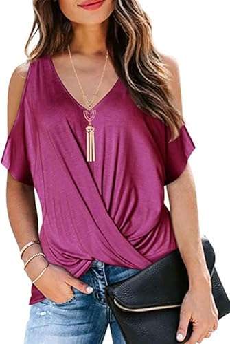 Damen Tshirt Basic Kleidung V-Ausschnitt Casual Baumwolle Schulterfreies Sexy Oberteile Shirt Kurzarm Tshirts Tops Lila L von Ranphee