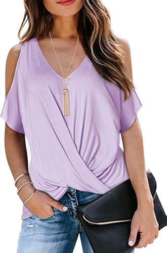 Tshirt Damen Sommer Baumwolle 2024 Locker Oberteile Elegant Fledermaus-Ärmel Hellviolett Oversize Shirt T-Shirts für Damen S von Ranphee