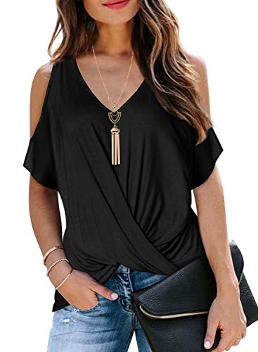 Ranphee Top Damen Sommer 2025 Elegent Basic Schwarze Fledermausärmel Baumwolle V Ausschnitt Off Shoulder Oversize Tshirts für Damen XL von Ranphee