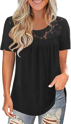 Tshirt Damen Schwarz Elegant Sommer Kleidung 2025 Baumwolle Basic Spitzen Oberteil Schickes Kurzarm Locker Tunika Cute Tops Modische Lässige T-Shirt von Ranphee