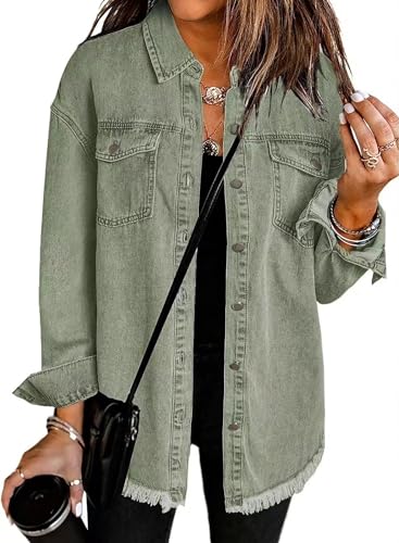 Übergangsjacke Damen Herbst Lang 2025 Dünne Leichte Lässige Langarm Jeanshemd mit Fadensaum Herbstoutfits Damenjacken Elegant Oversize Jeansjacke von Ranphee