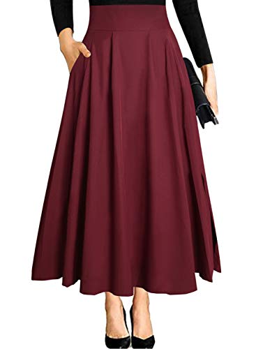 Weinrot Langer Rock Damen Sommer Outfit Lang mit Schlitz a Linien Maxi Midi Festlich Maxirock Taschen Eleganter Hohe Taille Faltenrock Plisseerock Sommerrock Leicht Strandrock Chiffon L von Ranphee