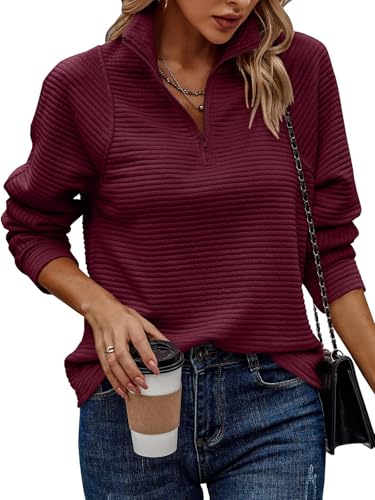 Weinrot Sweatshirt Damen ohne Kapuze Oversized Troyer Damenpullover Langarm Herbst Elegant Dicke Frauen Pullover mit Reissverschluss von Ranphee