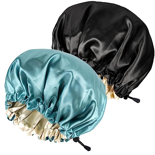 Ranphykx 2 Stücke Seidenhaube Satin SchlafmüTze,Einstellbare Doppelseitige SchlafmüTze,Haube MüTze FüR Schlaf (1 Black+ 1 Green) von Ranphykx