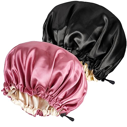 Ranphykx 2 Stücke Seidenhaube Satin SchlafmüTze,Einstellbare Doppelseitige SchlafmüTze,Haube MüTze FüR Schlaf (1 Black+ 1 Hot Pink) von Ranphykx
