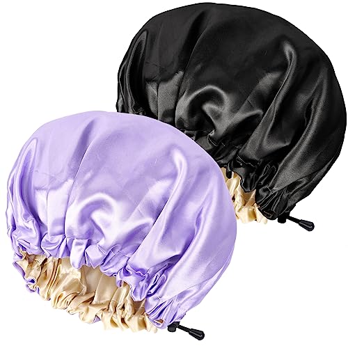 Ranphykx 2 Stücke Seidenhaube Satin SchlafmüTze,Einstellbare Doppelseitige SchlafmüTze,Haube MüTze FüR Schlaf (1 Black+ 1 Purple) von Ranphykx