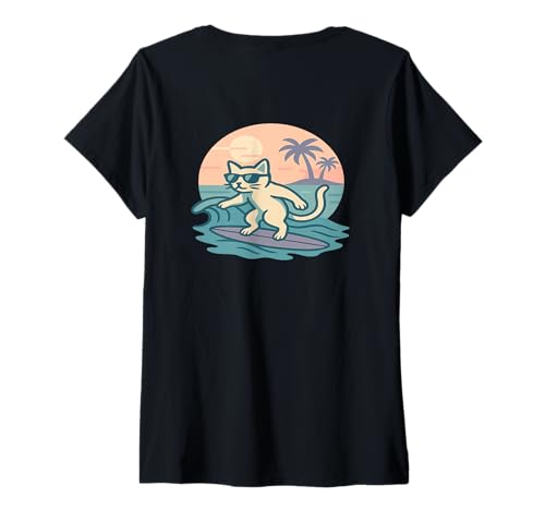 Damen Surfing Cat T-Shirt mit V-Ausschnitt von RansaiDesign