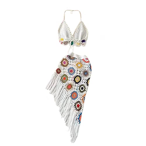 Damen-2-Outfit Set Mit Ausgehöhltem Häkel Strick BH Oberteil Und Asymmetrischem Rock Strand Cover Up Set Aus Häkelrock Und Oberteil Für Damen von Ranuw