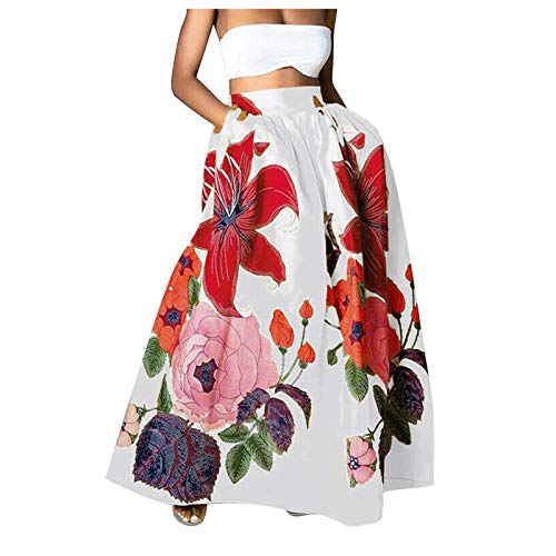 Damen Blumen Maxirock High Waist Party Lang Rock mit Tasche Blumenmuster Swing Strandrock Festlich Rock Hochzeit Cocktail Langrock (Weiß, S) von Raopuzi