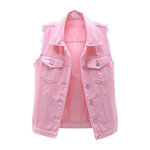 Damen Jeansweste ärmelloses Jeansjacke Kurz Knopf Zerrissene Denim Weste Mit Taschen üBergangsjacke Button Down Jacked Elegant Retro Destroyed Jacked Vintage Herbst Jeansweste (Rosa, L) von Raopuzi