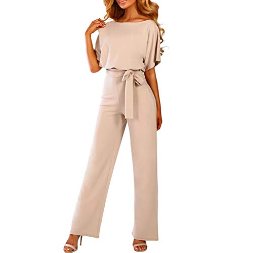 Damen Jumpsuit mit Bindegürtel Rundhalsausschnitt Elegant Kurze Ärmel Jumpsuit lang Overall Hosenanzug Playsuit Romper für Hochzeit Business Festlich (Beige, M) von Raopuzi