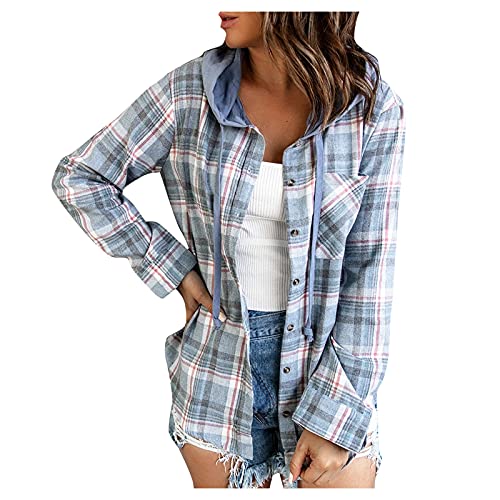 Damen Kariertes Hemd Mit Kapuze Oversized Holzfäller Jacke Casual Hemd Loose Langarmhemd Brusttaschen Bluse Revers Kapuzeshirt Designer Freizeitjacke (Blau, XXXL) von Raopuzi