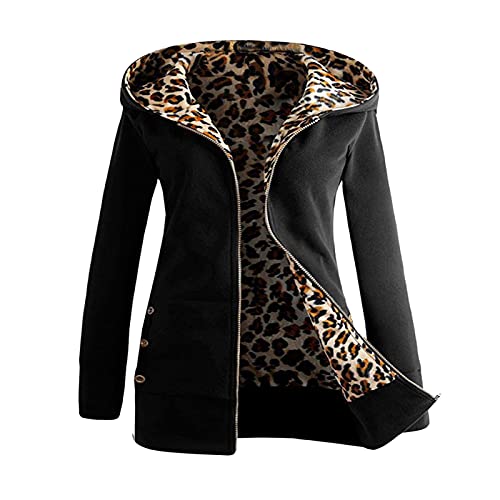 Damen Softshelljacke Warm gefüttert Leopard Winterjacke Winddicht mantel Oversized Dicker Wintermantel mit Tasche Zip Up Hoodie Midi Lang Jacke Übergangsjacke Sweatjacke Winter Windbreaker (Black, XL) von Raopuzi