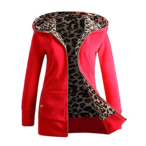 Damen Softshelljacke Warm gefüttert Leopard Winterjacke Winddicht mantel Oversized Dicker Wintermantel mit Tasche Zip Up Hoodie Midi Lang Jacke Übergangsjacke Sweatjacke Winter Windbreaker (Red, XL) von Raopuzi