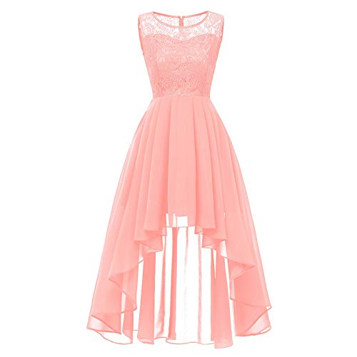 Damen Spitzenkleid Elegant Vokuhila Cocktailkleid Ärmellos Abendkleid Chiffon Hochzeitskleid Brautjungfer Kleid mit doppeltem V-Ausschnitt und Empire-Größe, asymmetrischer Saum (Rosa, M) von Raopuzi