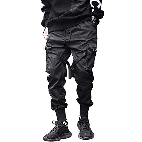 Herren Cargohose Arbeit Kampf Techwear Hose Hip Hop Mehrere Taschen Tapered Hosen Schnalle Riemen Jogginghose Freizeit Hose (Schwarz, XXXXL) von Raopuzi