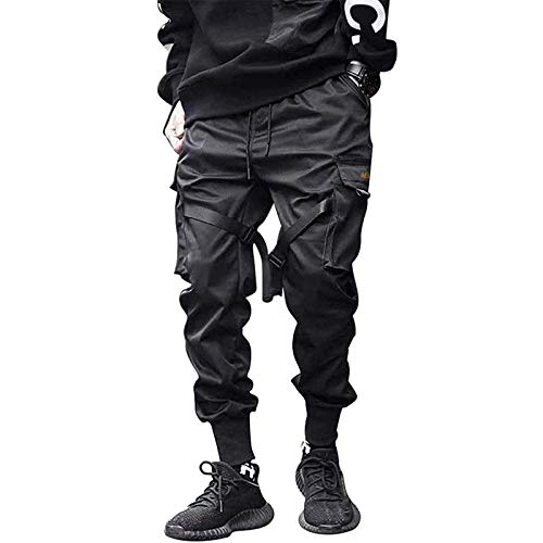 Herren Cargohose Arbeit Kampf Techwear Hose Hip Hop Mehrere Taschen Tapered Hosen Schnalle Riemen Jogginghose Freizeit Hose (Schwarz, XXXXL) von Raopuzi