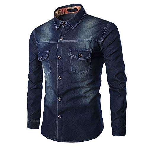 Herren Jeanshemd Stehkragen Hemd Retro Denim Tops Jeanshemd Denim Shirt Farbverlauf Einfach Moden Design Shirt mit Brusttasche Langarm Slim Fit Casual Freizeithemd für Männer (Dunkelblau, XXL) von Raopuzi