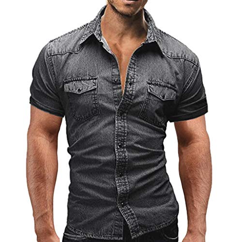 Jeanshemd Herren Stehkragen Funktionsshirt Button-Down Jeans Retro Hemd Business Hochzeit T-Shirt Sommer Kurzarm Shirt Casual Slim Fit Blau Freizeithemd von Raopuzi