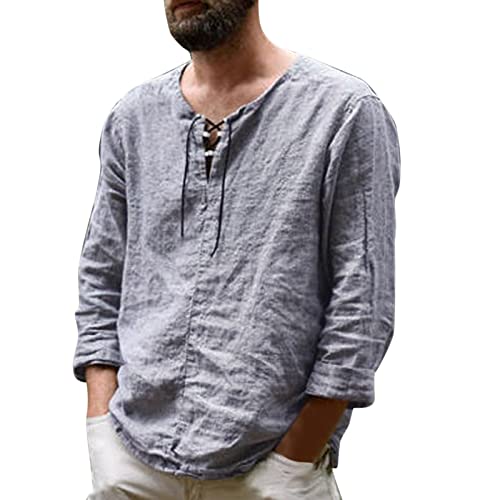 Leinenhemd Herren Mittelalter Hemd Langarm Kragenlos mit Schnürung Freizeithemd Männer Leichte Yoga Shirt Sommerhemd Strand Leinen T Shirts (Grau, XXL) von Raopuzi