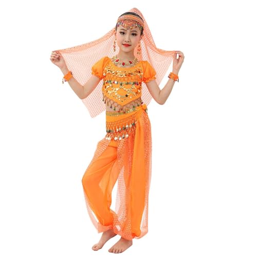 Mädchens Kleid Bauchtanz Chiffon Kostüme Kinder Pailletten Halloween Tuch Bauchtanz Tänzer Outfit Sets Prinzessin Karneval Cosplay Faschingskostüm Indische Kleidung Mädchen (Orange, 9-10 Years) von Raopuzi