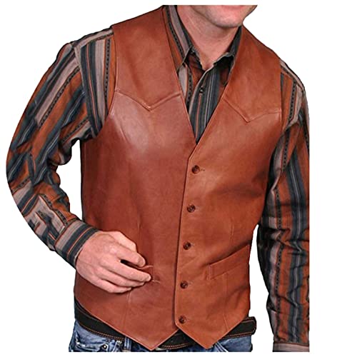 Raopuzi PU Motorradweste Bikerweste Jacke Biker Rocker Motorrad Clubweste Shirt Tanktop Gilet Formal Classic Braun Herren Lederweste V Ausschnitt Lässig Vintage Leder Weste Slim Fit Soft von Raopuzi