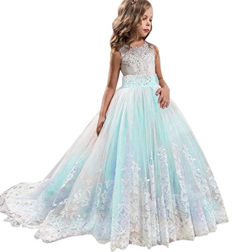 Chic Lange Kinder Kommunionkleid Sommerkleider aus Besticktem Tüll mit Satin Gürtel/Boho A-Linie Brautjungfern Kleider Blumenmädchenkleider für Mädchen 3-12 Jahr (Blau, 140) von Raopuzi