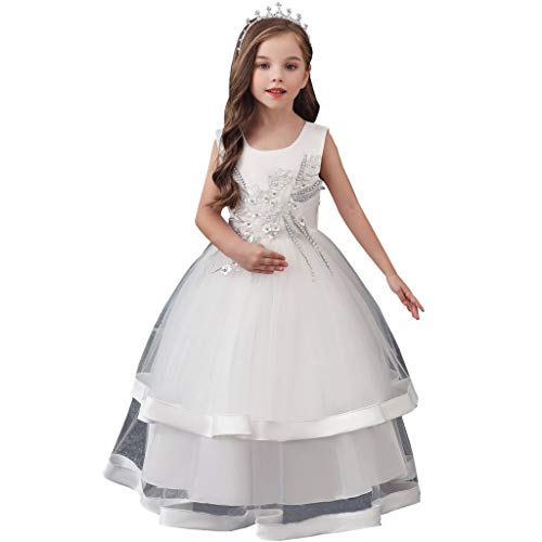 Chic Lange Kinder Kommunionkleid Sommerkleider aus Besticktem Tüll mit Satin Gürtel/Boho A-Linie Brautjungfern Kleider Blumenmädchenkleider für Mädchen 3-12 Jahr (Weiß, 9-10 Years) von Raopuzi